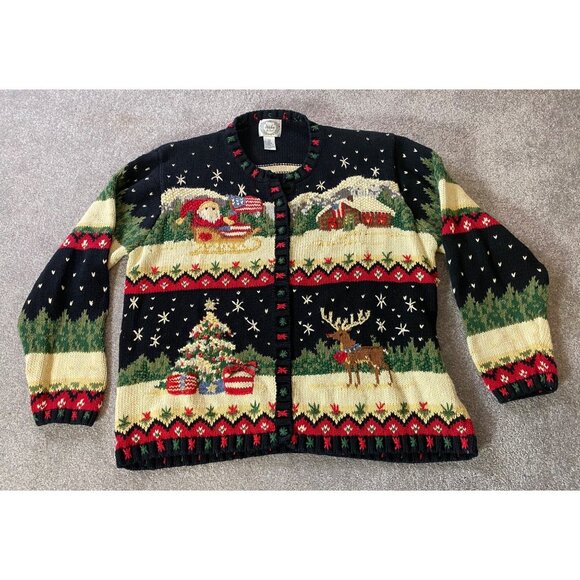 Vintage Stitches In Time Christmas Button Front Cardigan Sweater Santa & Reindee - Picture 1 of 8